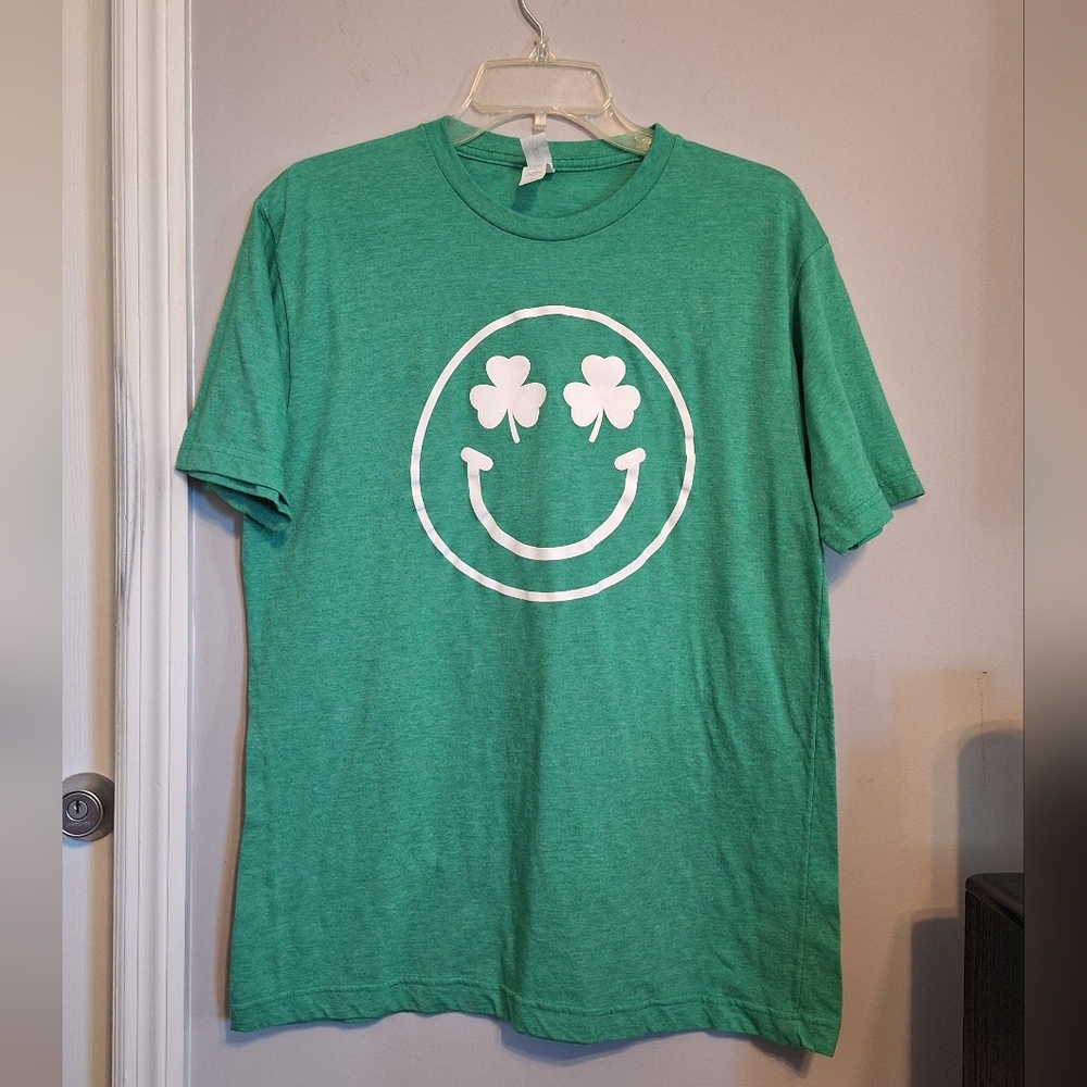 Green T-Shirt with Smiley Shamrock/Clover Design St Patrick's Day